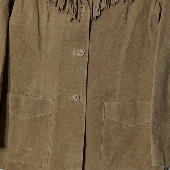 DENIM & CO. Tan Suede Leather Blazer Jacket w Fringe; Size L - Picture 2 of 6